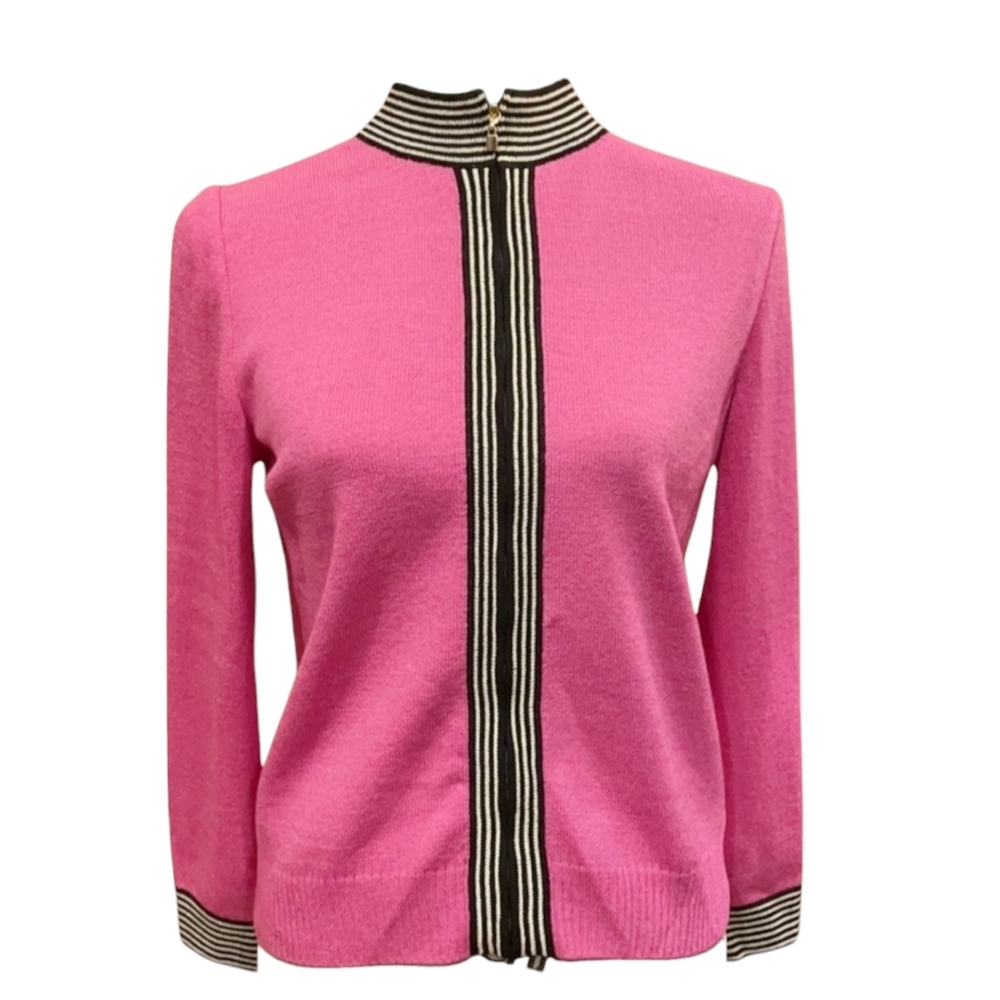 St. John LG Vintage Pink Wool Knit Zip Cardigan Sweater Womens Luxury